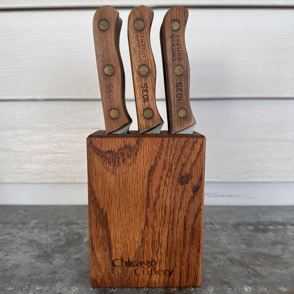 Vintage Chicago Cutlery 103S 6 Piece Knife Set Walnut Wood Block Brass Rivets